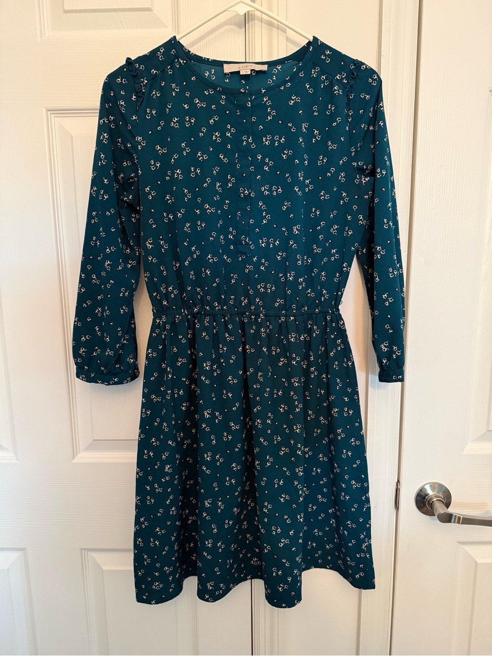 LOFT Teal Floral Long-Sleeve Dress
